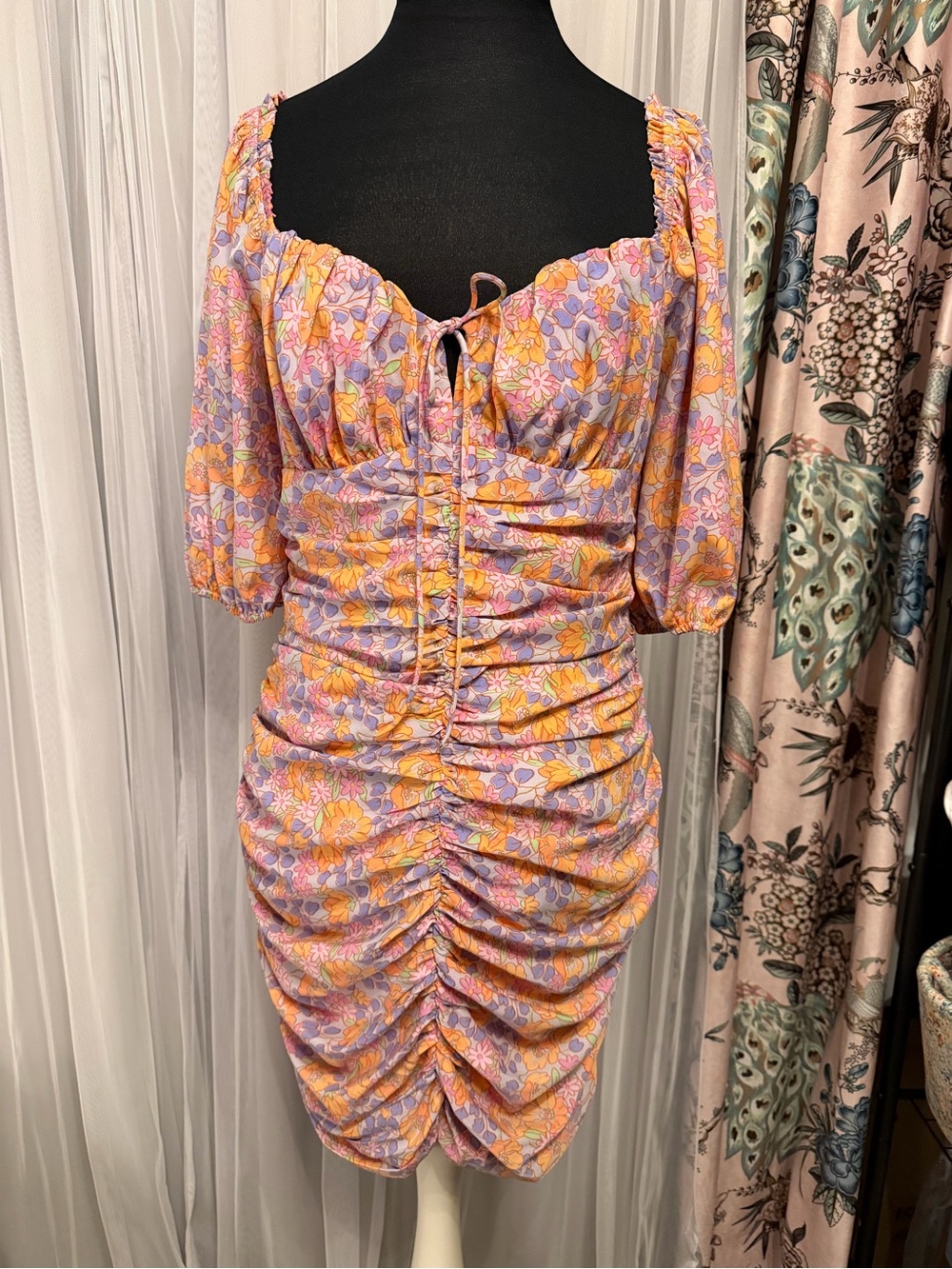 Sisters of the Tribe Floral Ruched Mini Dress Size 12 Puff Sleeve Cottagecore